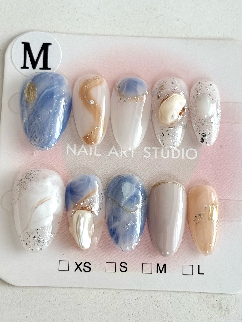 Handmade Press-On Set in Blue, White, and Beige Short Almond Size M